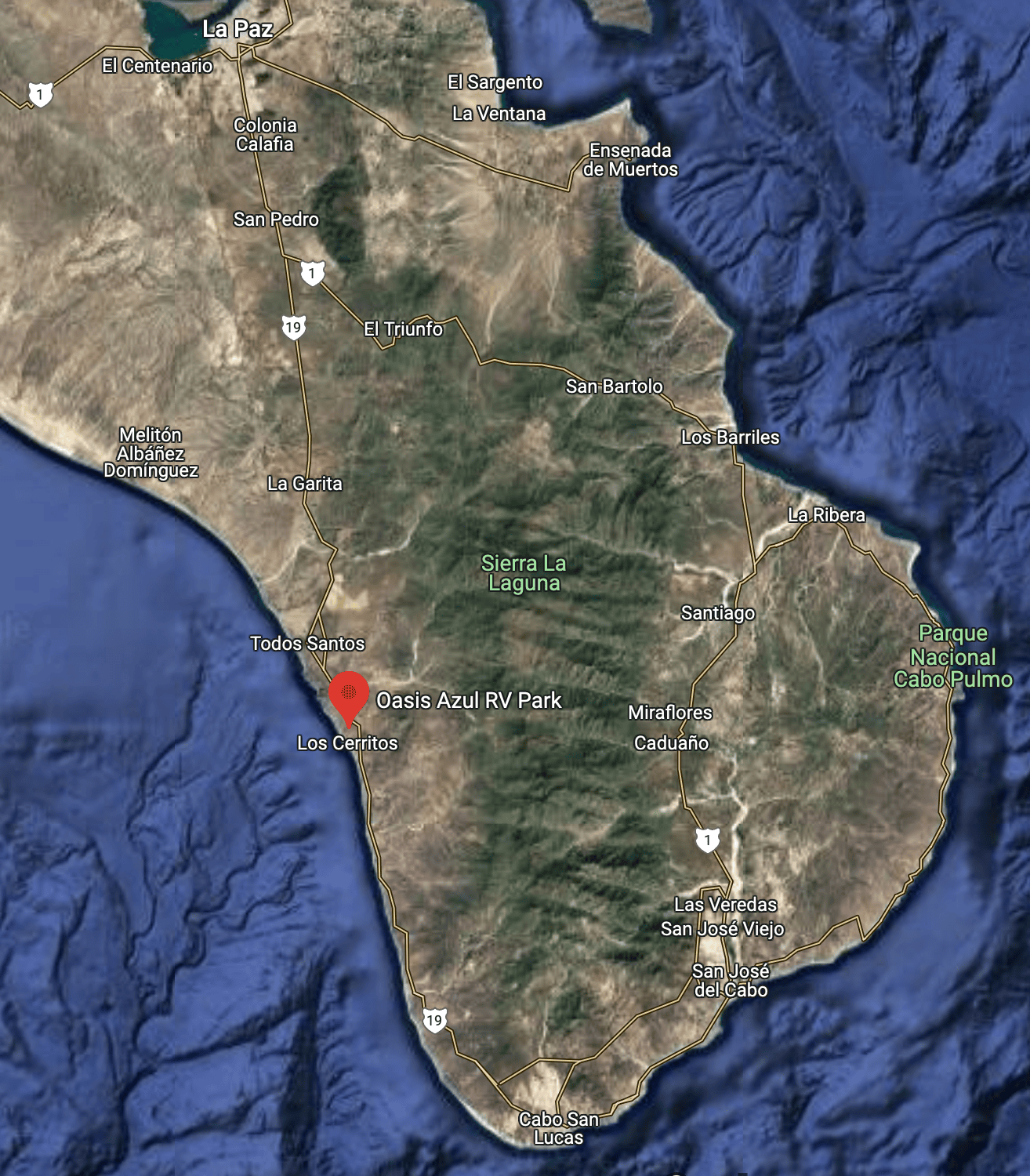 Map of the lower part of Southern Baja. Showing the location of Oasis Azul RV Park, in relation to other places like Todos Santos, La Paz, and Cabo San Lucas.